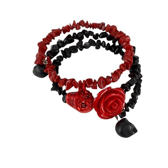 Gothic Red Black Rose Skull Beaded Memory Wire Bracelet Rockabilly Stretch - Picture 4 of 7